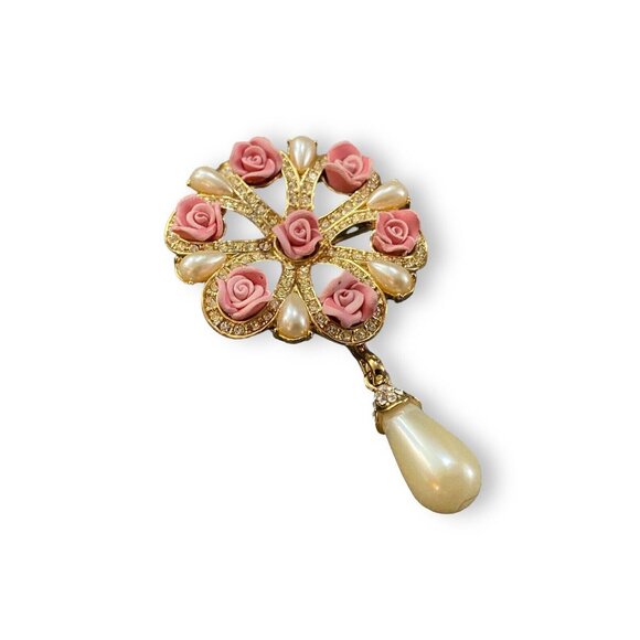Vintage Floral Brooch With Pink Roses & Removable Pearl Drop Pendant Avon 2004 - Picture 2 of 3